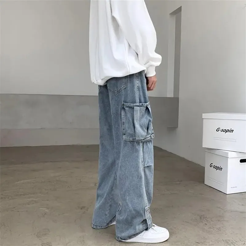 Jeans Men\'s Solid Color Multi-pocket Cargo Pants Button Loose Y2K Trousers A162