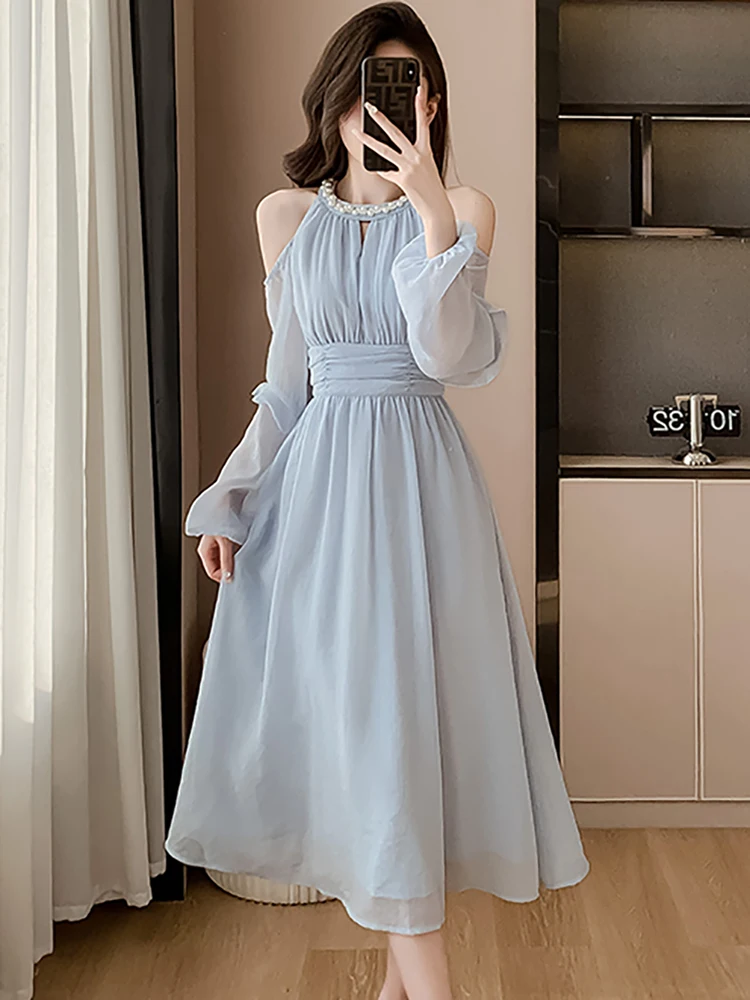 Women Blue Chiffon Off Shoulder Sexy Long Dress Spring Elegant Chic Diamonds Casual Dress 2024 Korean Fashion Bodycon Prom Dress