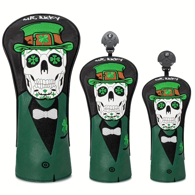 

1 шт. чехол для гольф-клуба — белый с зеленой клевером и черной вышивкой черепа, устойчивый к царапинам защитный чехол