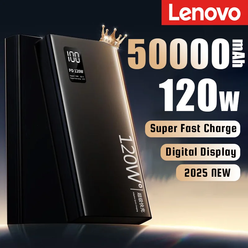 

Lenovo 120W High Capacity Power Bank 50000mAh Fast Charging Powerbank Portable Battery Charger For iPhone Samsung Huawei 2025