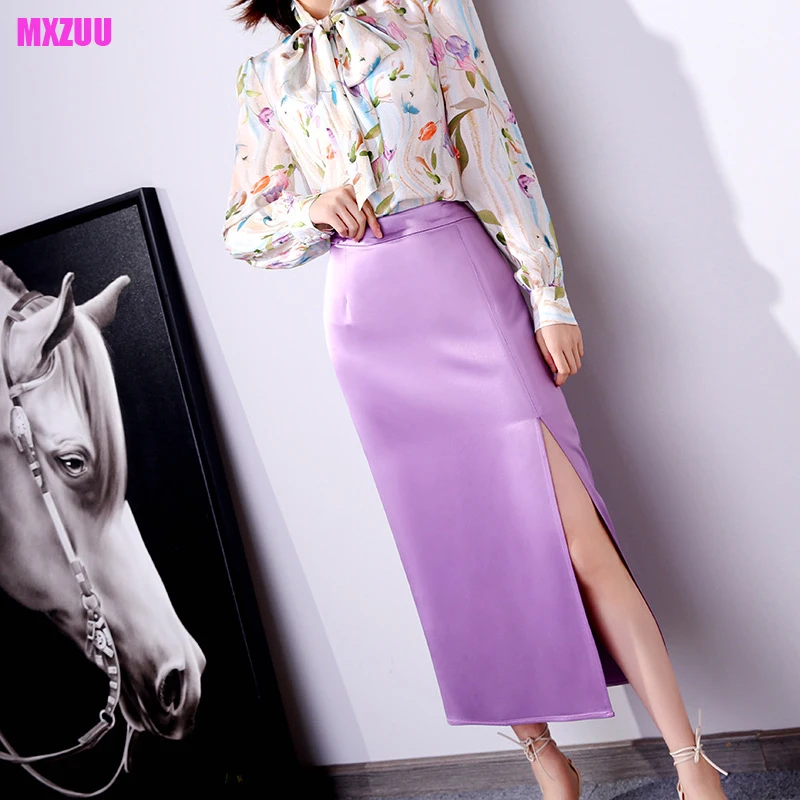 Summer Long Skirts Women Triacetate Satin Lustrous Solid Color High Waist Sexy Split Elegant Slim Wrap Hip Saias Ropa De Mujer