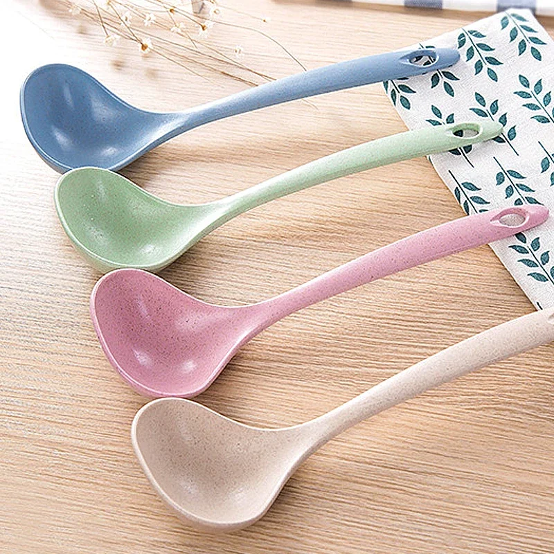 Tableware Wheat Straw Rice Ladle 4 Colors Long Handle Soup Spoon Meal Dinner Scoops Kitchen Supplies Cooking Tool  Soup Spoon