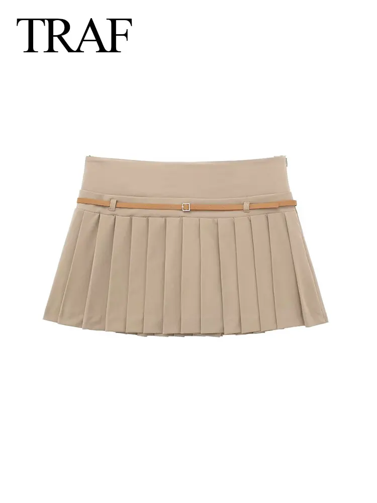 

TRAF 2024 Women's Versatile Culottes Female High Waist Solid A-Line Elegant Slim Wide Pleats Belt Bottoms Simple Chic Pantskirt