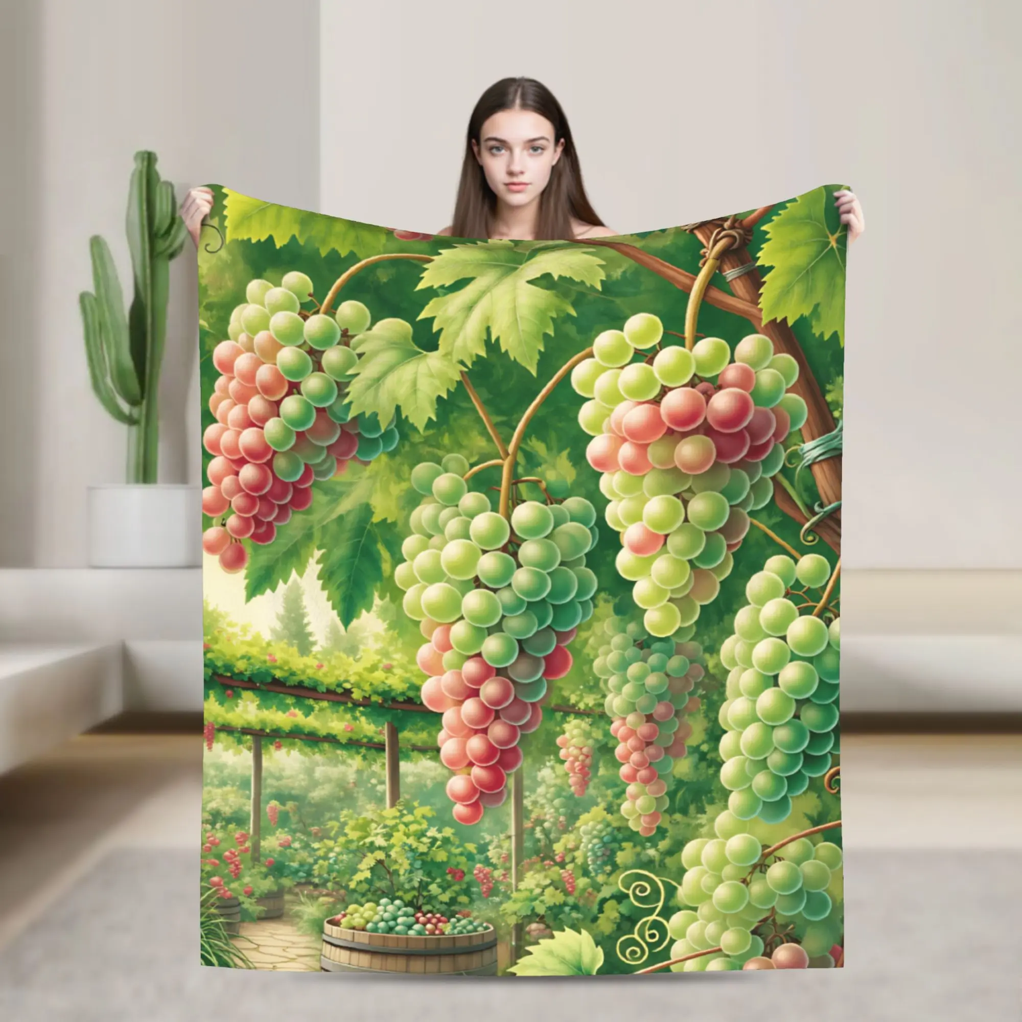 Vineyard Grape Trellis Path Cartoon Illustration Flannel Blanket Adults  Comfortable Throw Blanket Bedspread Sofa Bed Cover