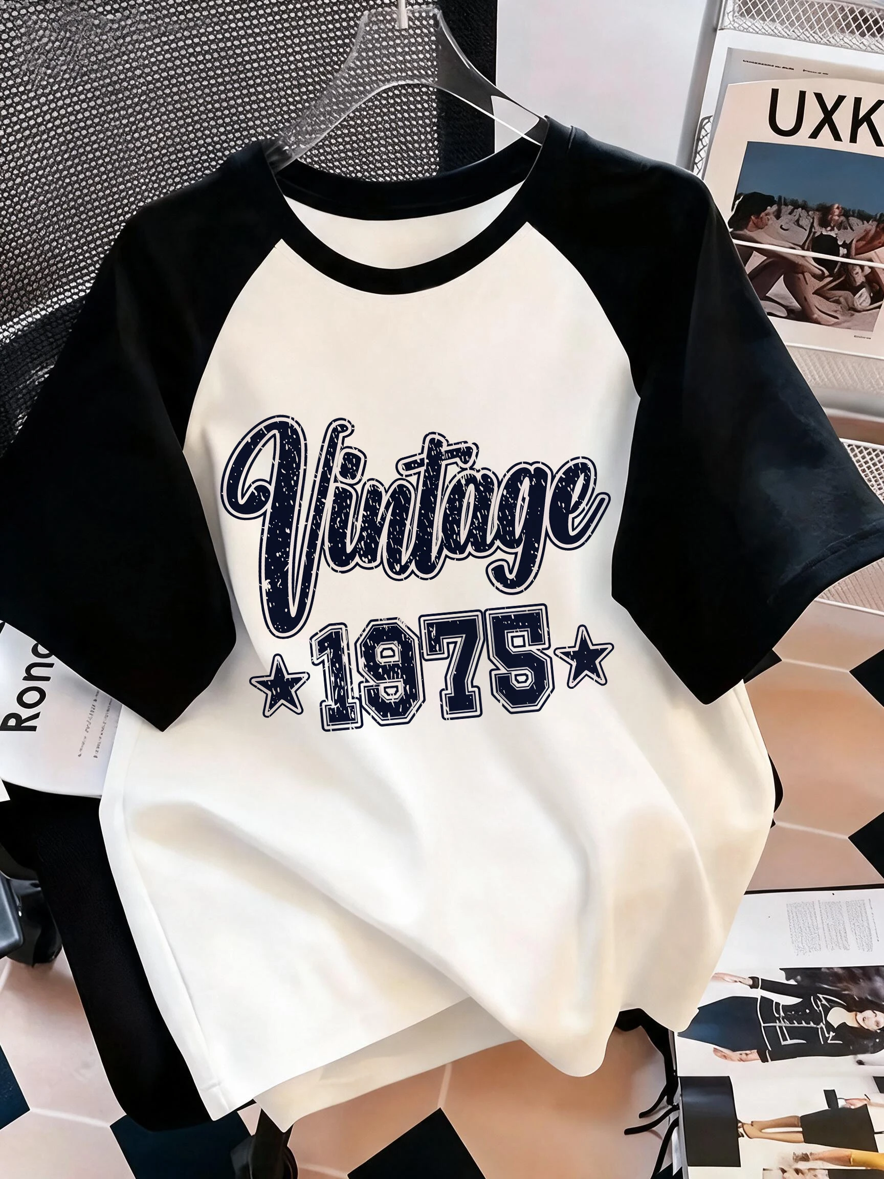 Women's Raglanshort Sleeve Top with Distressed Vintage Floral Script Star Decorations on Both Sides and Bold Print Clothes Femme