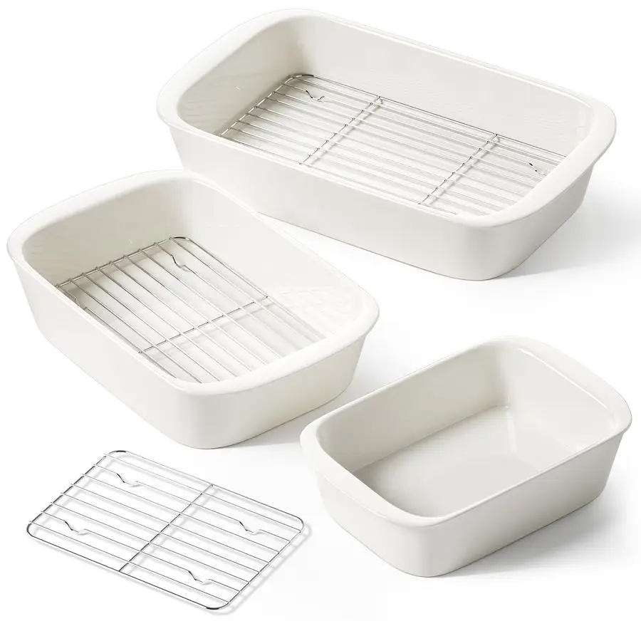 

Deep Casserole Dishes for Oven, 13.7x9.6 Ceramic Baking Dish Set with Roasting Racks, Large Lasagna Pans with Handles, Rectangul