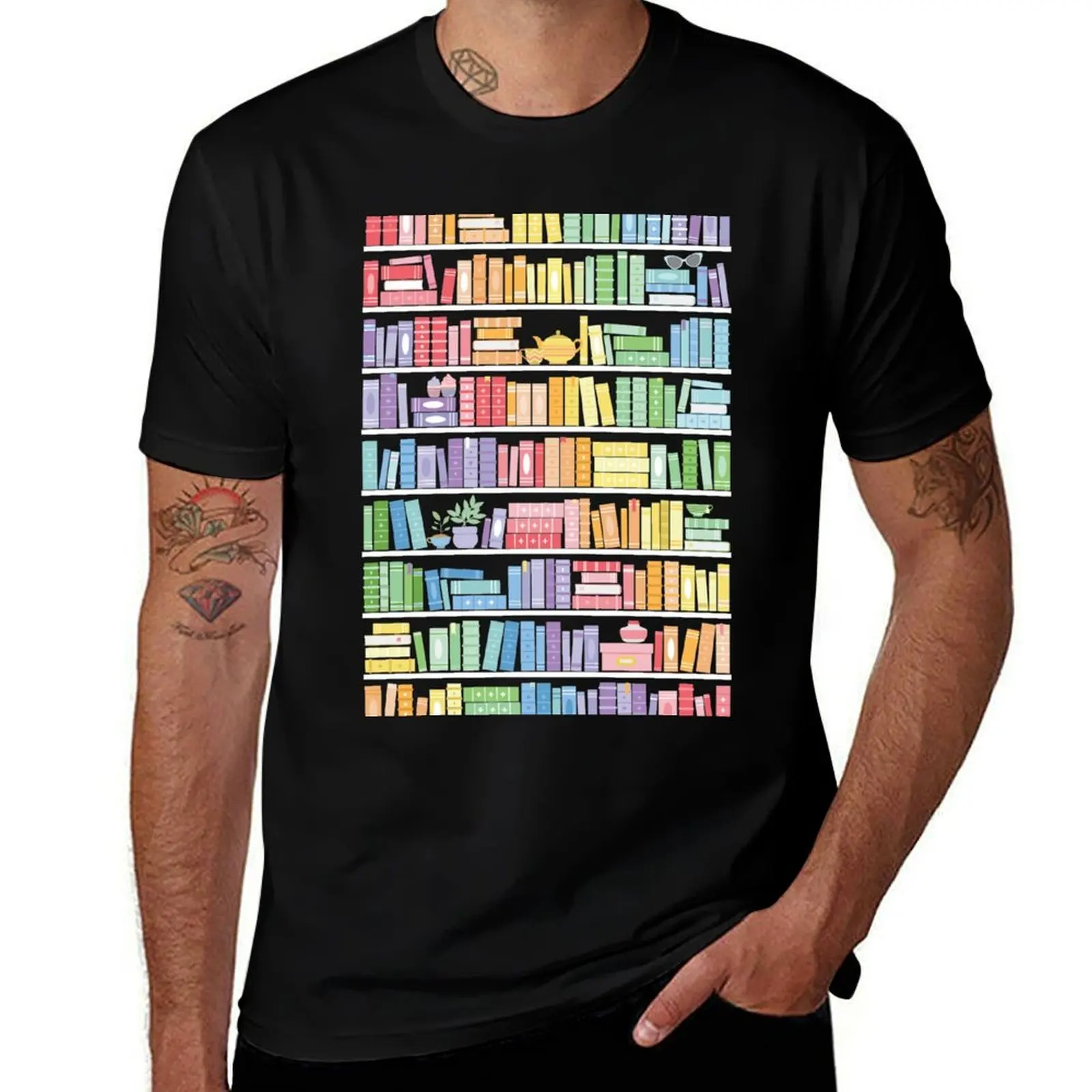 Rainbow Books Shelf Pattern (Black Background) T-Shirt t shirts for man slim fit T-Shirt