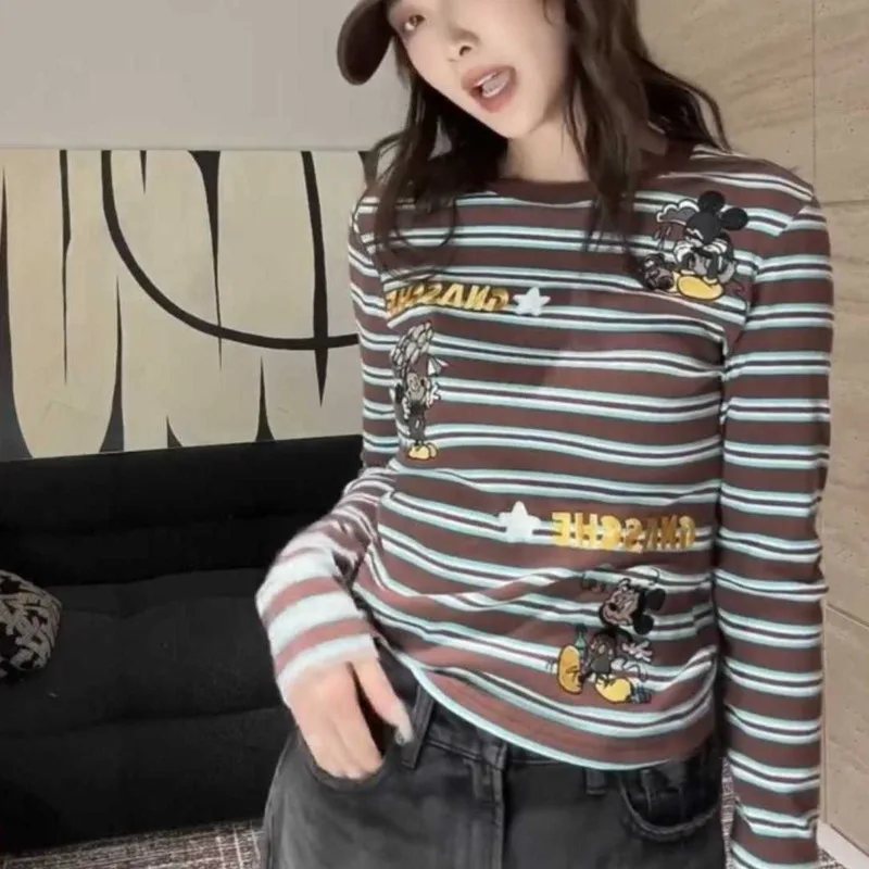 Disney Mickey Mouse Letter Cartoon Striped T-shirt Korean Version Trend Versatile Hot Girl Top Women Autumn New Long Sleeve Tees