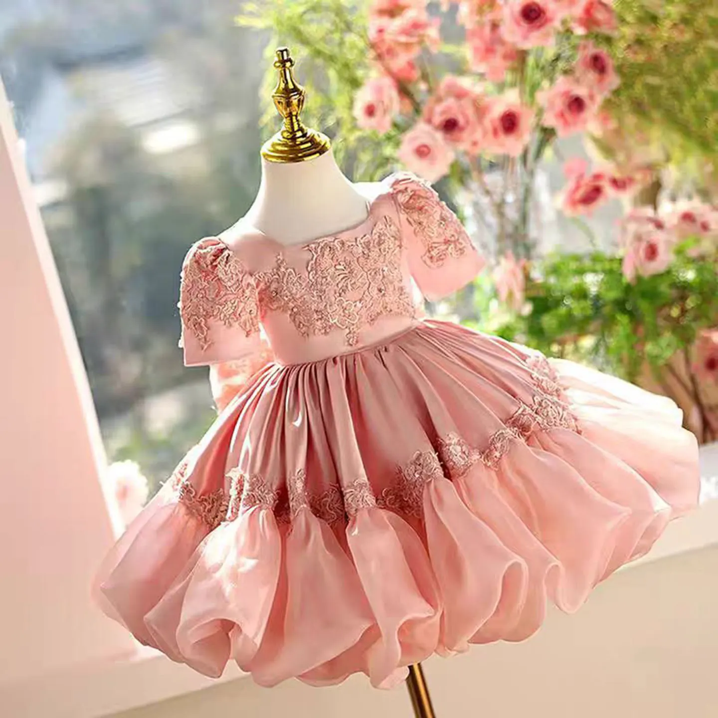 Jill Wish J455 White Children Satin Puffy Flower Girl Dress Knee Length Princess Baby Wedding 1st Birthday Party Holiday Gown