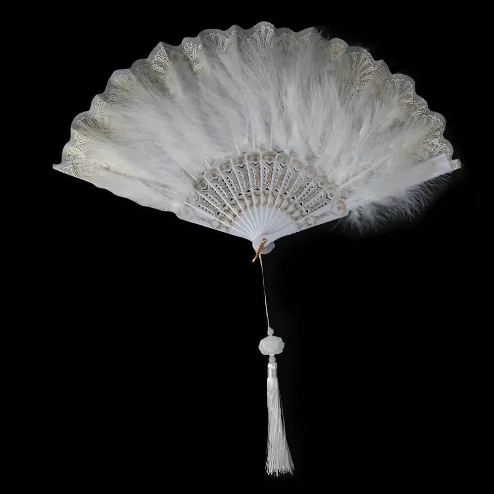 Lolita Feather Folding Fan Japanese Sweet Fairy Girl Dark Gothic Court Dance Hand Fan with Pendant Gift Wedding Party Decoration