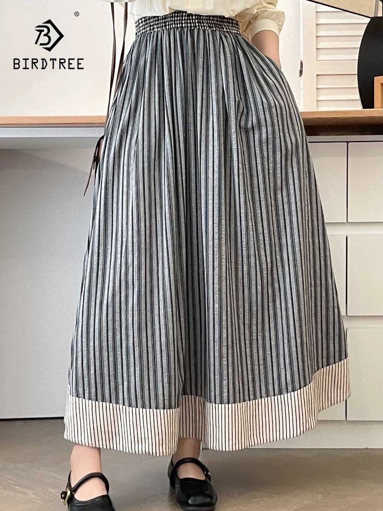 

New Summer Cotton Skirts, Women Elastic Waist Striped Skirt, Mori Girl French Loose Commute A-line Skirt, 2024 Autumn B48351QC