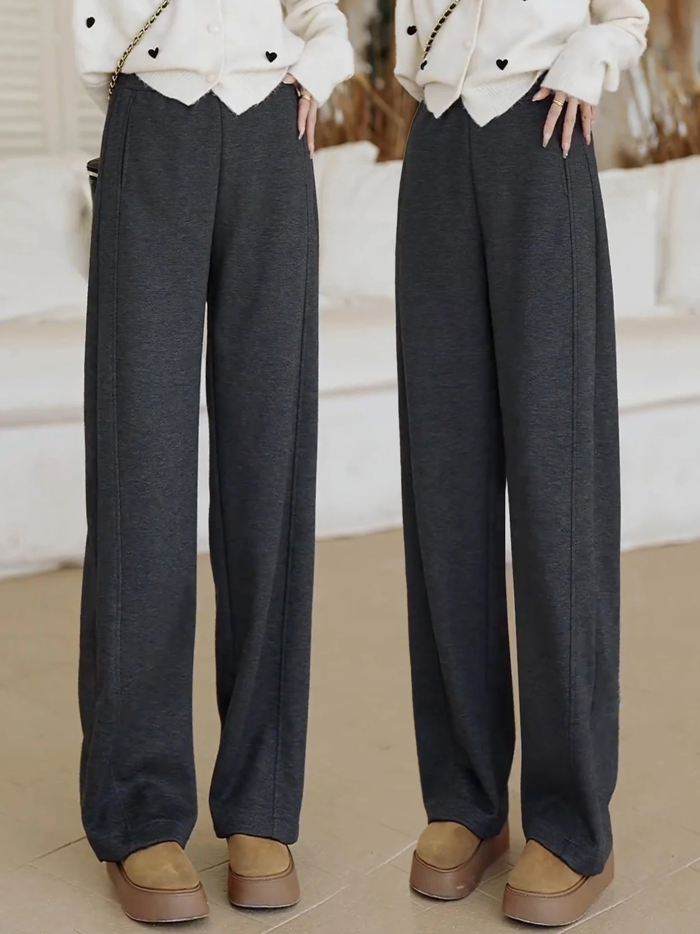 

High Waist Draped Woolen Casual Pants Women's Autumn Winter New Style Elastic Waistband Fleece Lined Wide Leg Knife Pants