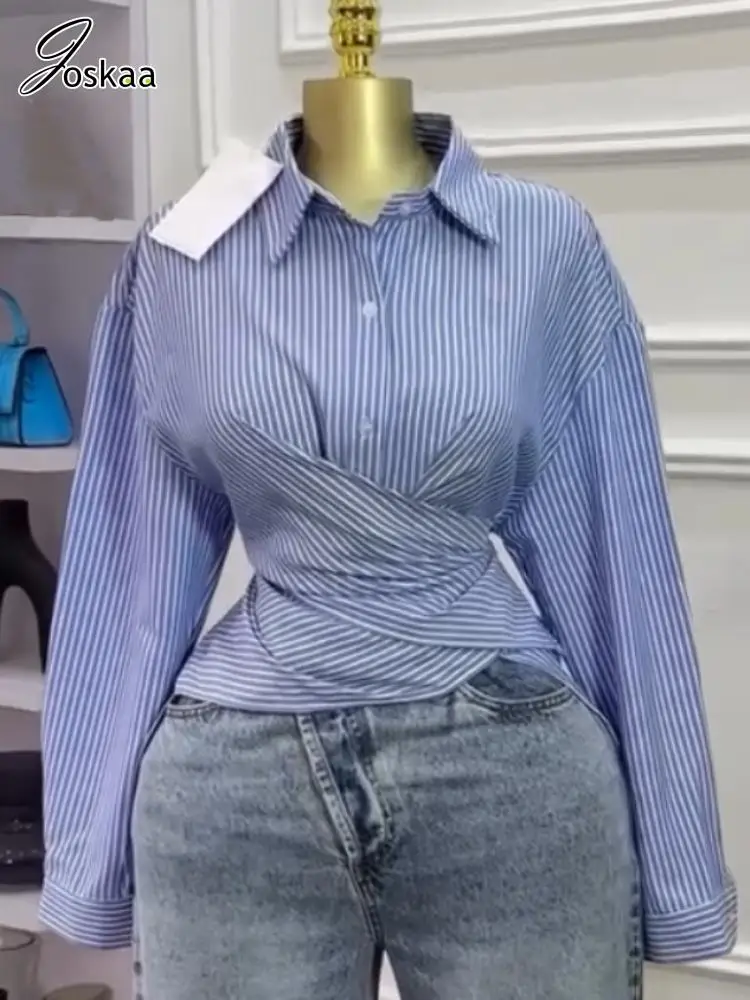 

Joskaa 2025 Autumn Women's Striped Print Oversized Shirt Casual Lapel Full Sleeve Single Breasted Bandage Blouses Y2K Streetwear