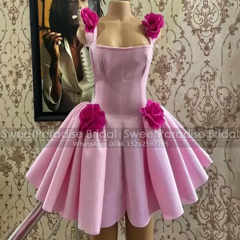 

Puffy A Line Short Prom Dresses Handmade Flowers Spaghetti Straps Square Neck Customized Women Mini Evening Dress Party