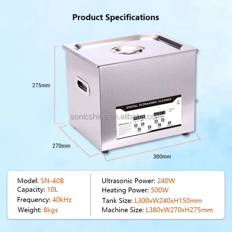 New Compact Digital 40KHz 10L Cleaner Machine Electric Benchtop Design Heating Timer Degas Power