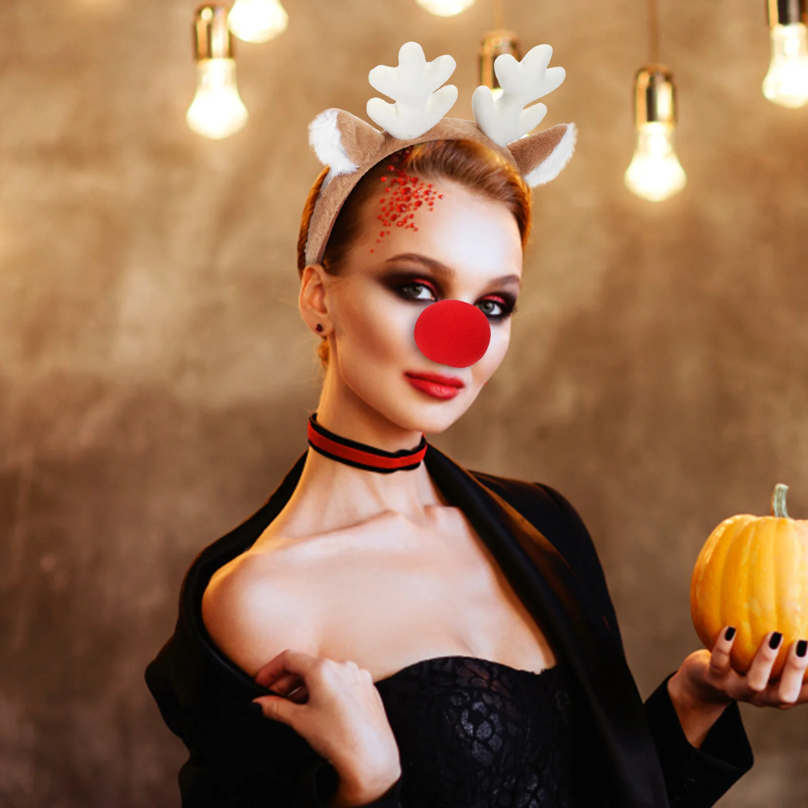 

2Sets Reindeer Antler Hair Hoop with Red Nose Festive Christmas Party Costume Accessory for Family School Event Unisex Wear