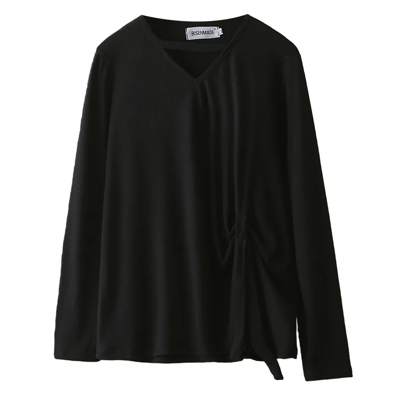 

XXXXL Fashion Plus Size Woman Clothing T-Shirt 2026 Spring New Design Irregular Ribbon Long Sleeve V-Neck Pullovers Top 8807