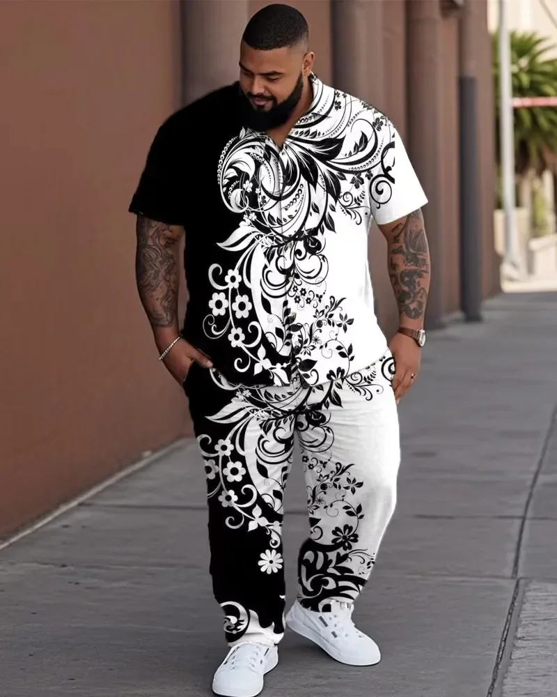 

S-9XL Big and Tall Men Vintage Floral Scroll Print Short Sleeve Shirt & Pants 2 Piece Casual Set