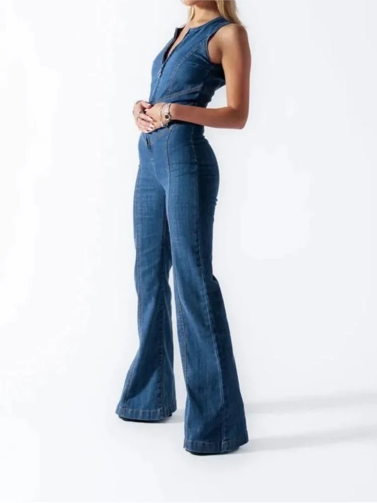 จั๊มสูทแฟชั่นสไตล์สตรีทเรโทรสำหรับฤดูใบไม้ผลิ ทรงสลิม แขนกุด เอวสูง โชว์หลัง ดีไซน์เก๋