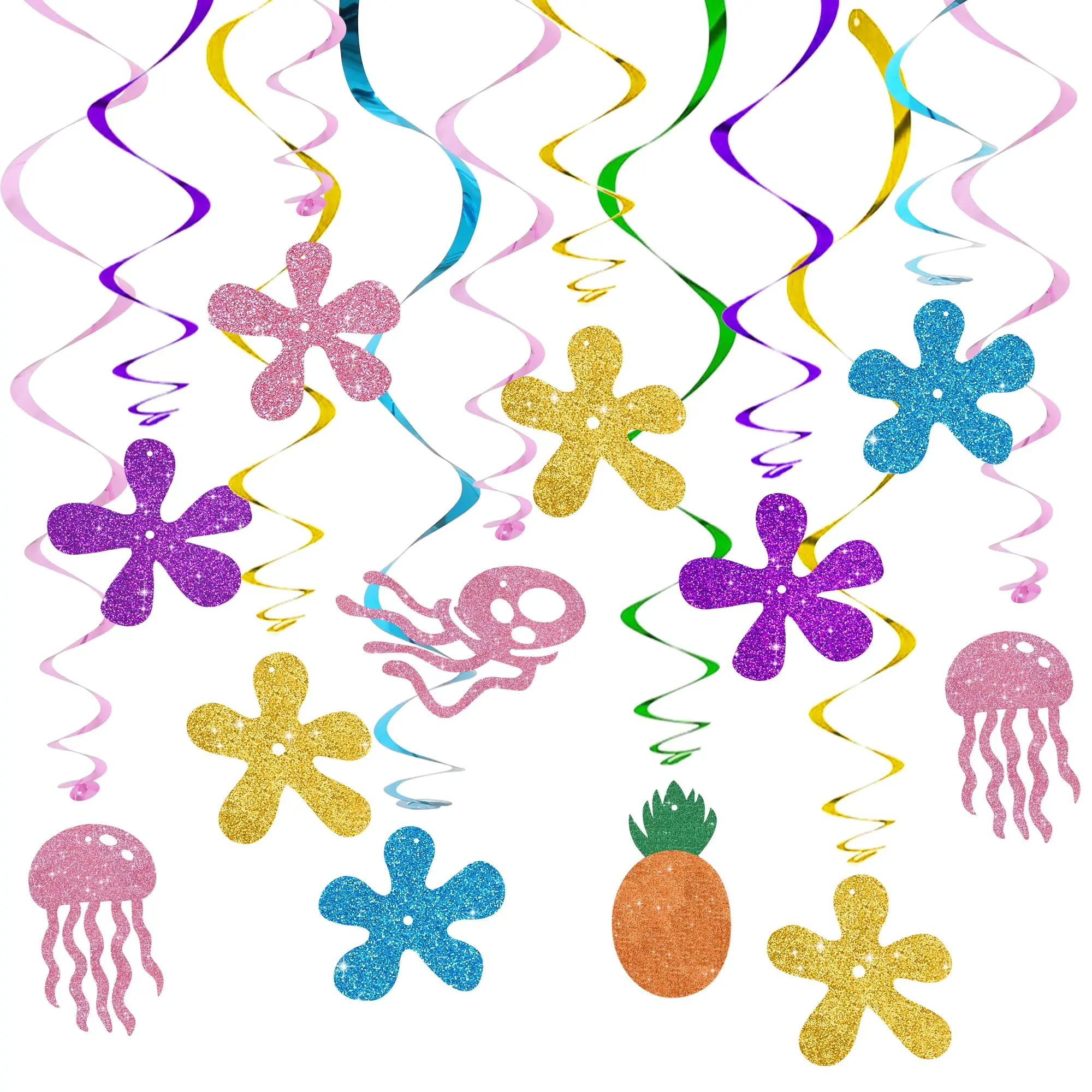 7/14-teiliges Set Bunte Cartoon-Quallen & Blumen Hängende Wirbel-Dekorationen Ozean-Themen-Party Banner Hintergrund für Babyparty Geburtstag – Detail 1