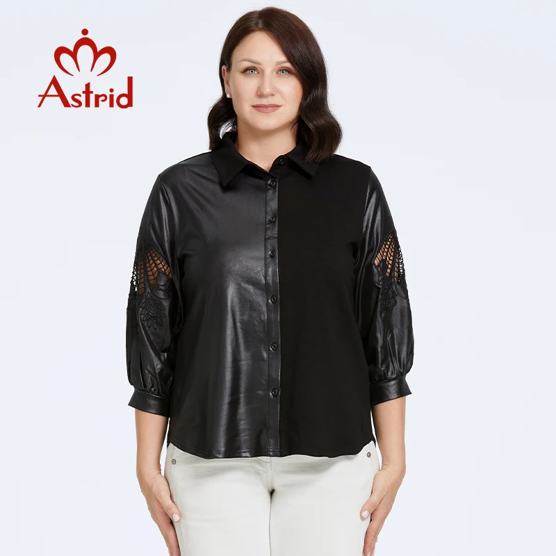 Astrid Women\'s Shirt 2023 Long Sleeve Cut Out Plus Size Pu Leather Top Woman Clothes Fashion Stitching Design Female Tee Shirt