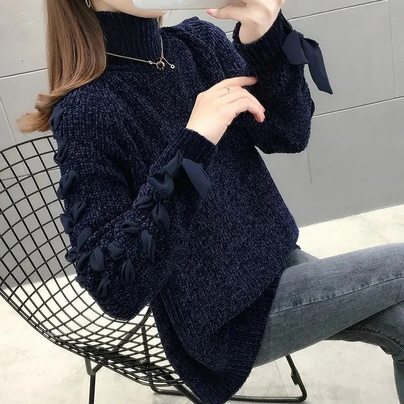 2024 Female Loose Fitting Thick Thread Sweater Women Long Sleeves Golden Velvet Knitwear Winter Ladies High Collar Pullover Knit