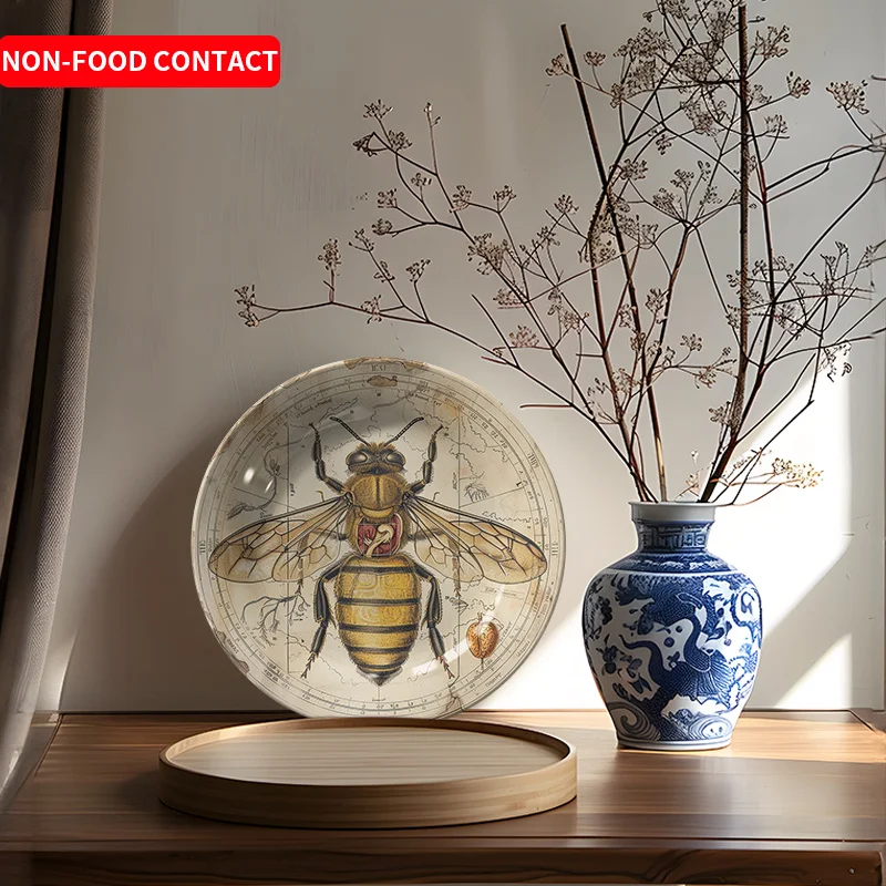 1pc Vintage Bee Map Ceramic Decorative Plate - Non-Food Contact Artistic Desk Decor for Home, Living Room, Study - Rustic