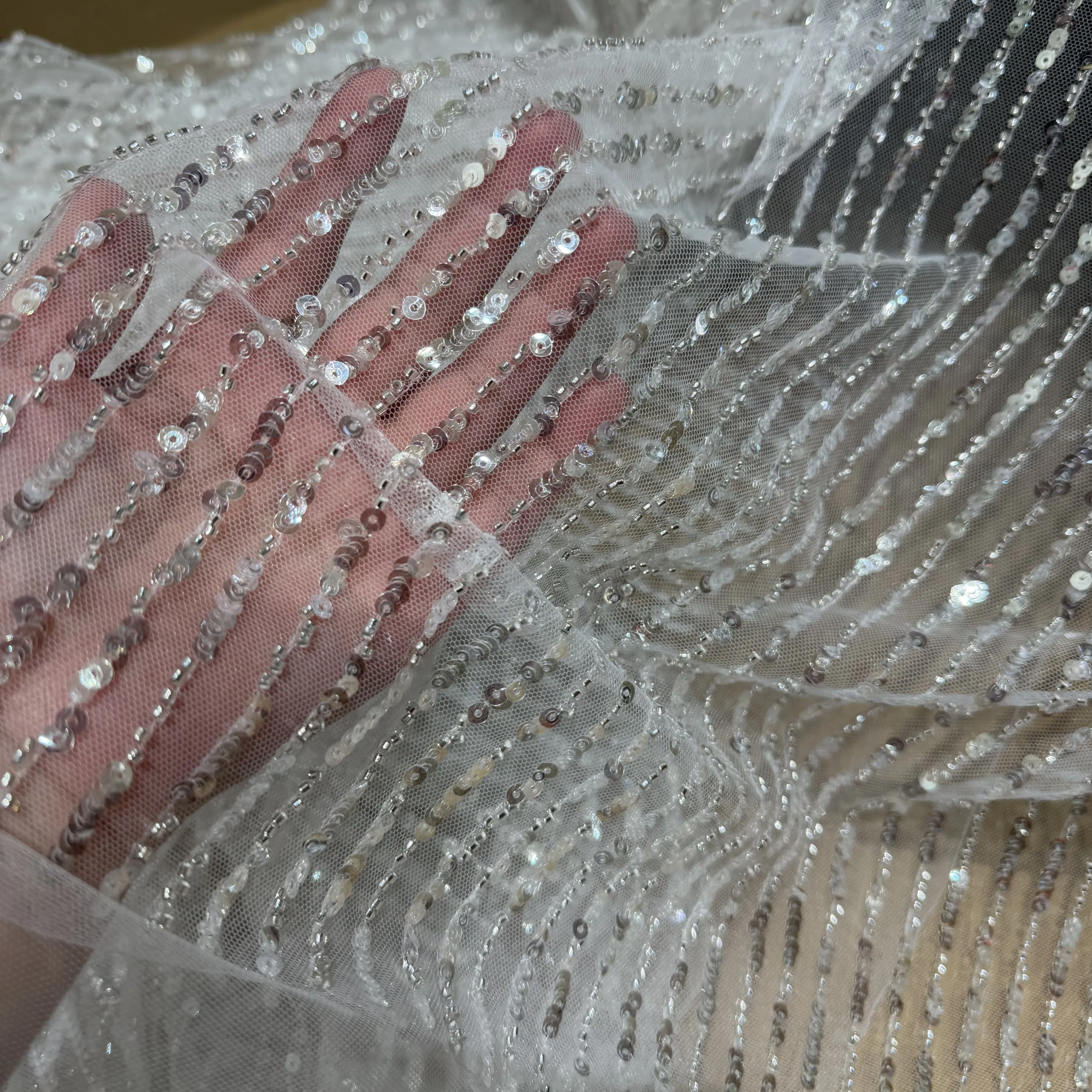 Vertical Stripes Embroidered Lace Sequins Glitter Draping Fabric for Wedding Dress Fabric