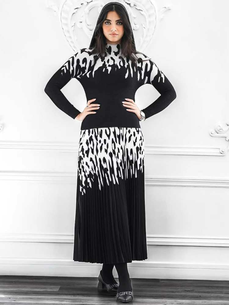 

Miyake African Prom Pleated Skirt Long Sleeve Top Sets for Women Casual Loose Fashion Female Evening Party 2 Piece Set Outfit