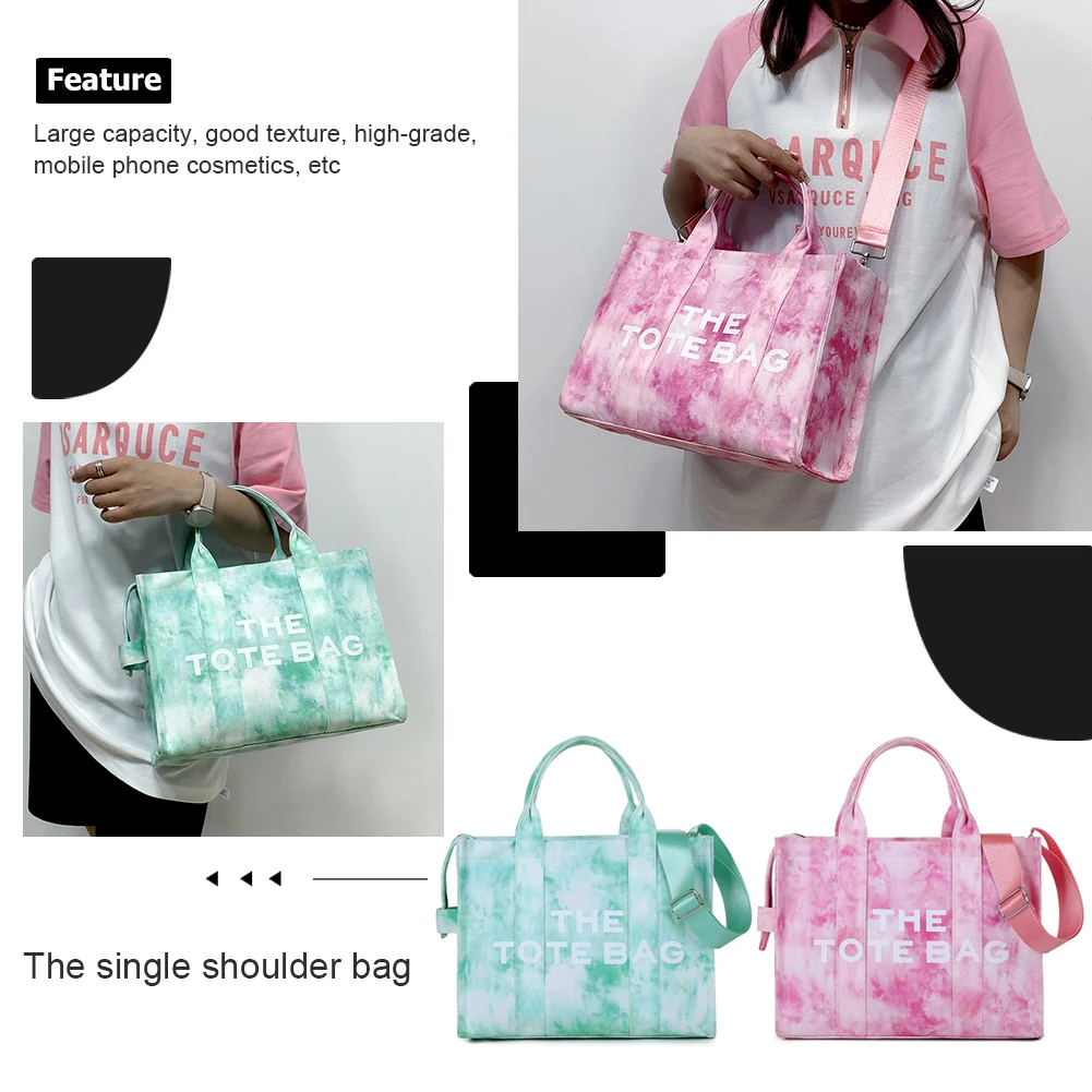 Płócienna torba na ramię o dużej pojemności Tie Dyeing Top-Handle Bag Simple Letter Printing Fashion Casual Zipper for Girls Shopping