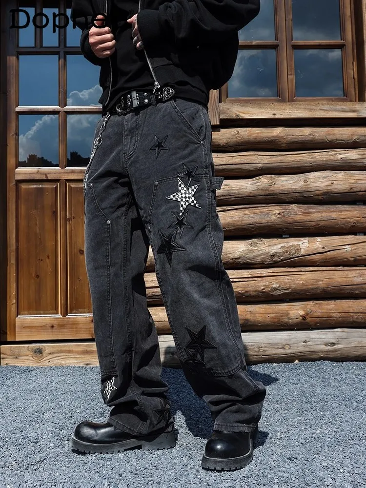 

American Street Fashion Trend Star Embroidery Washed Jeans Youth Popular Loose Straight Casual Pants for Men