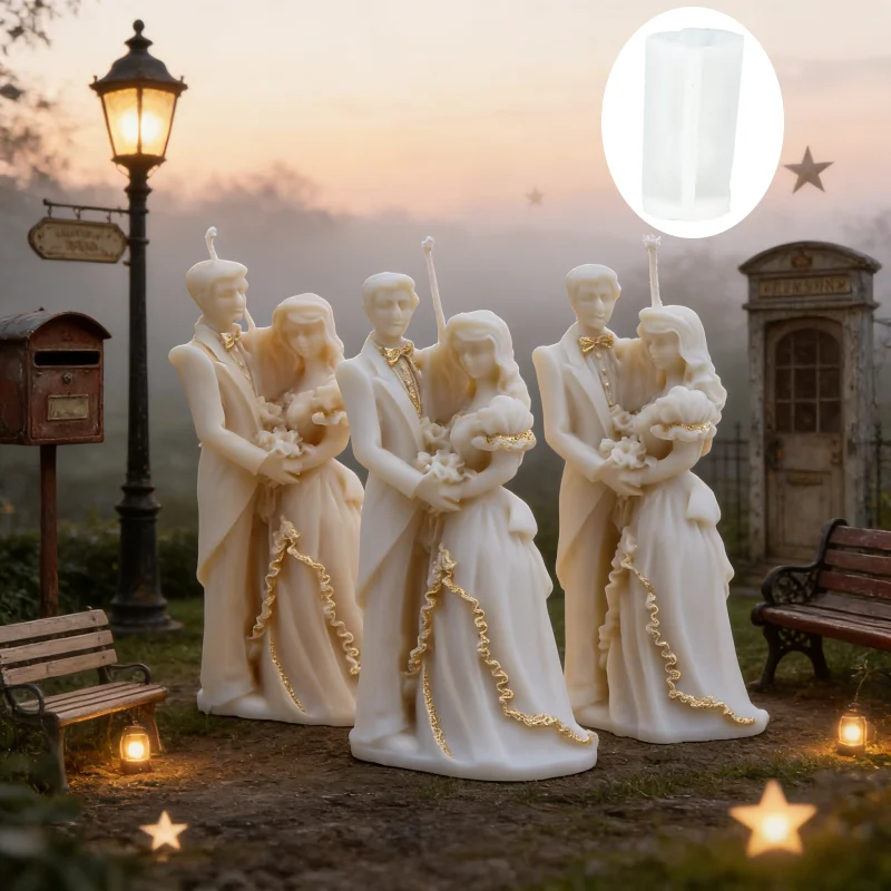 Vintage Wedding Couple Silicone Candle Mold, 3D Bride Groom with Bouquet Wax Mould for DIY Resin Plaster Gift