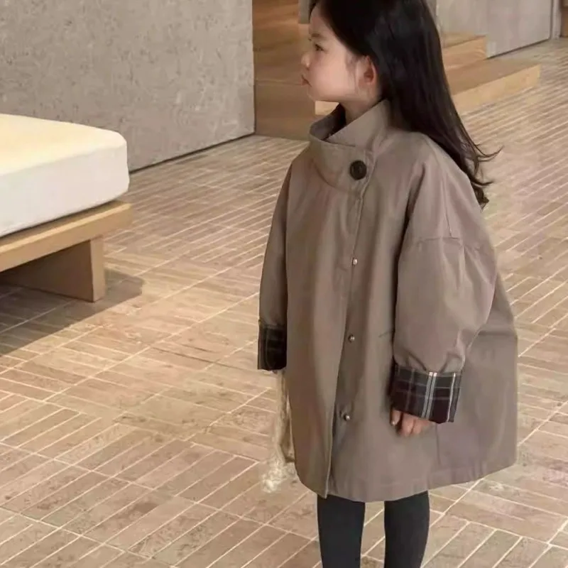 

2025 New Girls' Large Autumn Windbreaker Barn Coat Retro British Style Kids Jacket