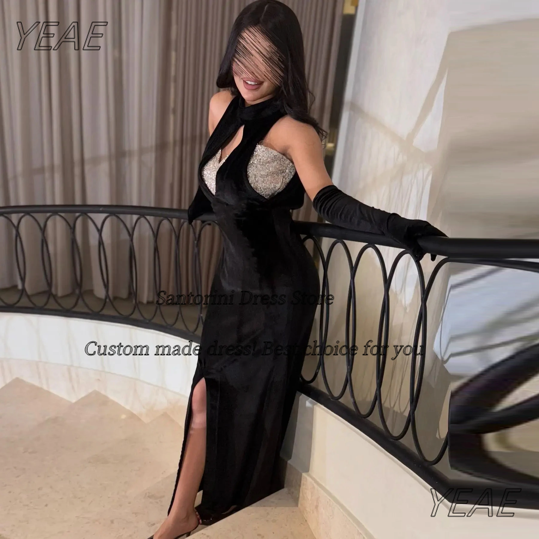 Santorini Black Velour Prom Dresses Sexy Halter Keyhole Neckline Cocktail Party Dress Customized Front Slit Evening Gowns