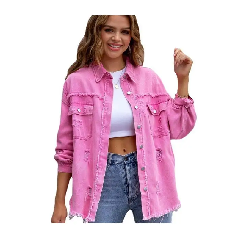 女性のフリンジ付きカラーシングルブレストウォッシュデニムシャツ長袖ピュアカラーショートアウターウェア秋2023ファッション