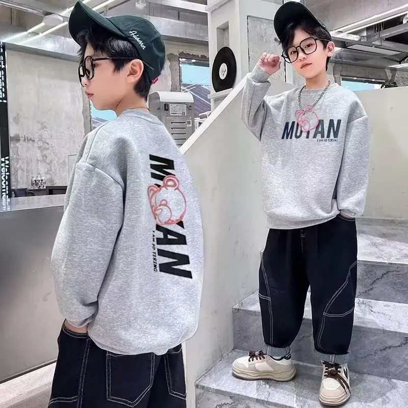 100% Pure Cotton Boys\' Gray Sweatshirts Sports Shirt Autumn New Letter Graphic Top Korean Casual Children\'s Long Sleeved T-shirt