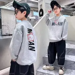 100% Pure Cotton Boys' Gray Sweatshirts Sports Shirt Autumn New Letter Graphic Top Korean Casual Children's Long Sleeved T-shirt