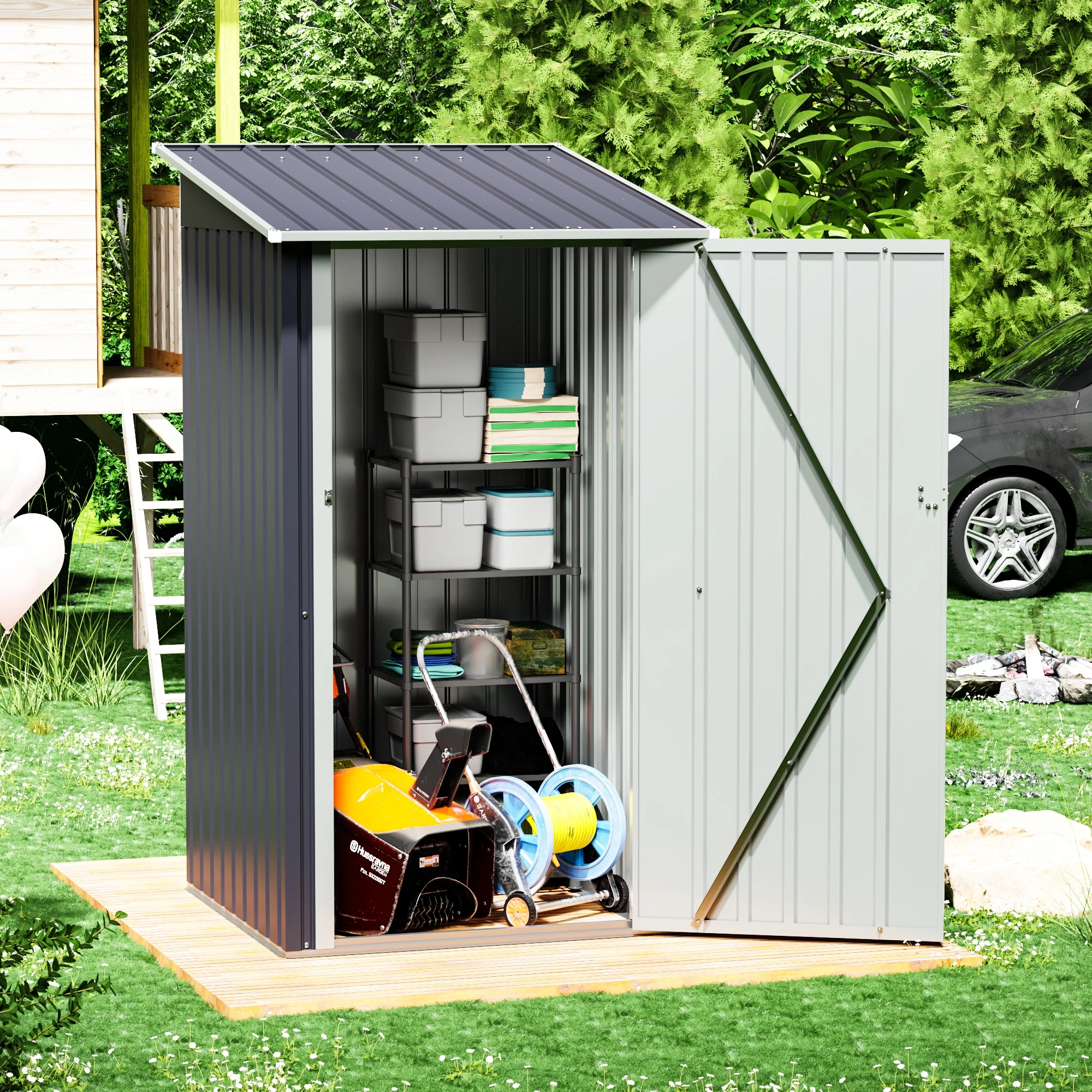 3 x 3 Ft Outdoor Storage Shed with Sloped Roof, Single Lockable Door, Metal House for Patio Lawn Backyard, Gray