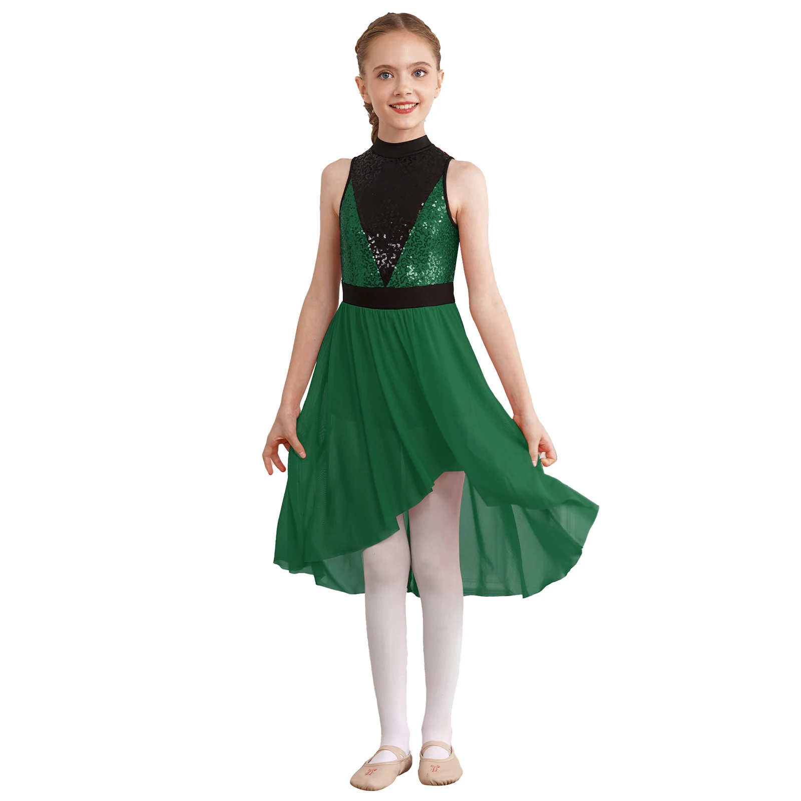 

Kids Girls Sequin High-Low Mesh Sleeveless Skirt Dresses 2023 One-Piece Boyleg Jumpsuit Dress Dance Stage Performance Costumes