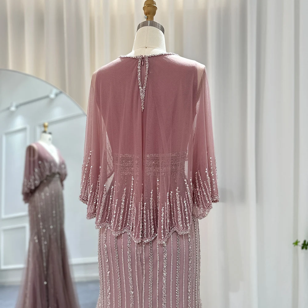 Sharon Said Dubai Luxuriöse Salbeigrüne Meerjungfrauen-Abendkleider mit Cape, V-Ausschnitt, Arabisch, für Hochzeitsfeier, SS284, Maßanfertigung – Detail 17
