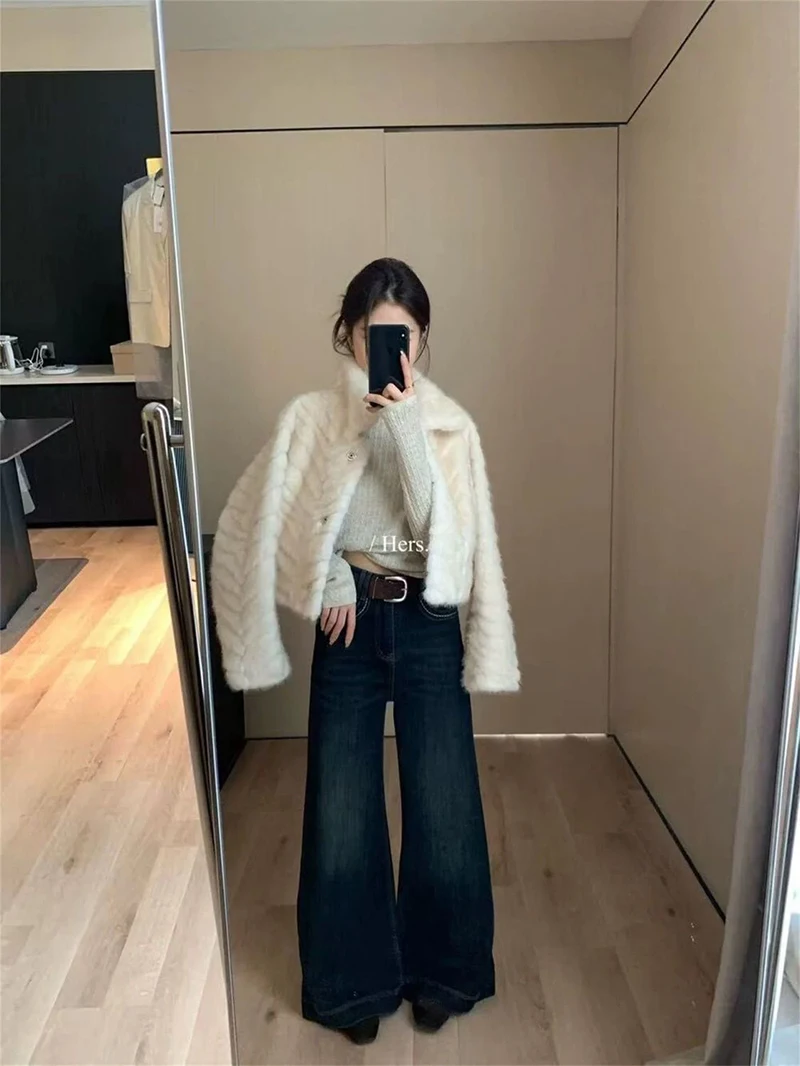 Chic Cream Women Faux Fur Jacket Lapel Collar Button Down Coat Long Sleeve Cropped Loose Luxury Cozy Winter Outerwear Top