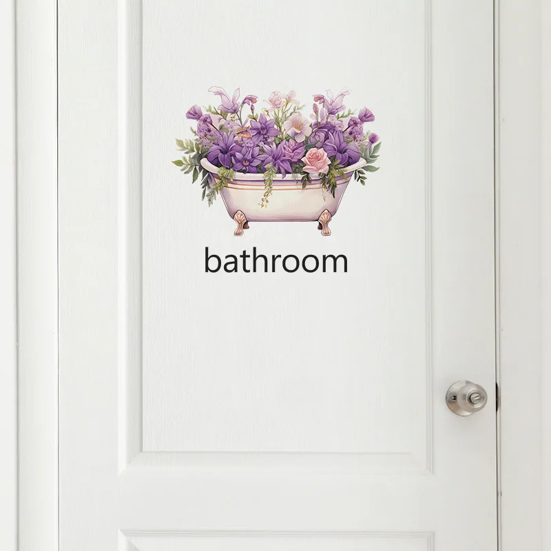 Bathroom Wall Sticker, Bathtub Purple Flowers Wall Sticker,Bathroom Stickers, Self Adhesive