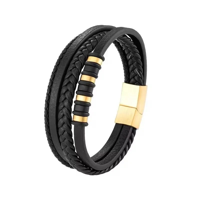Classic Single Layer Black Hand Braided Leather Bracelet with Metal Magnetic Closure Men\\\'s Business Jewelry