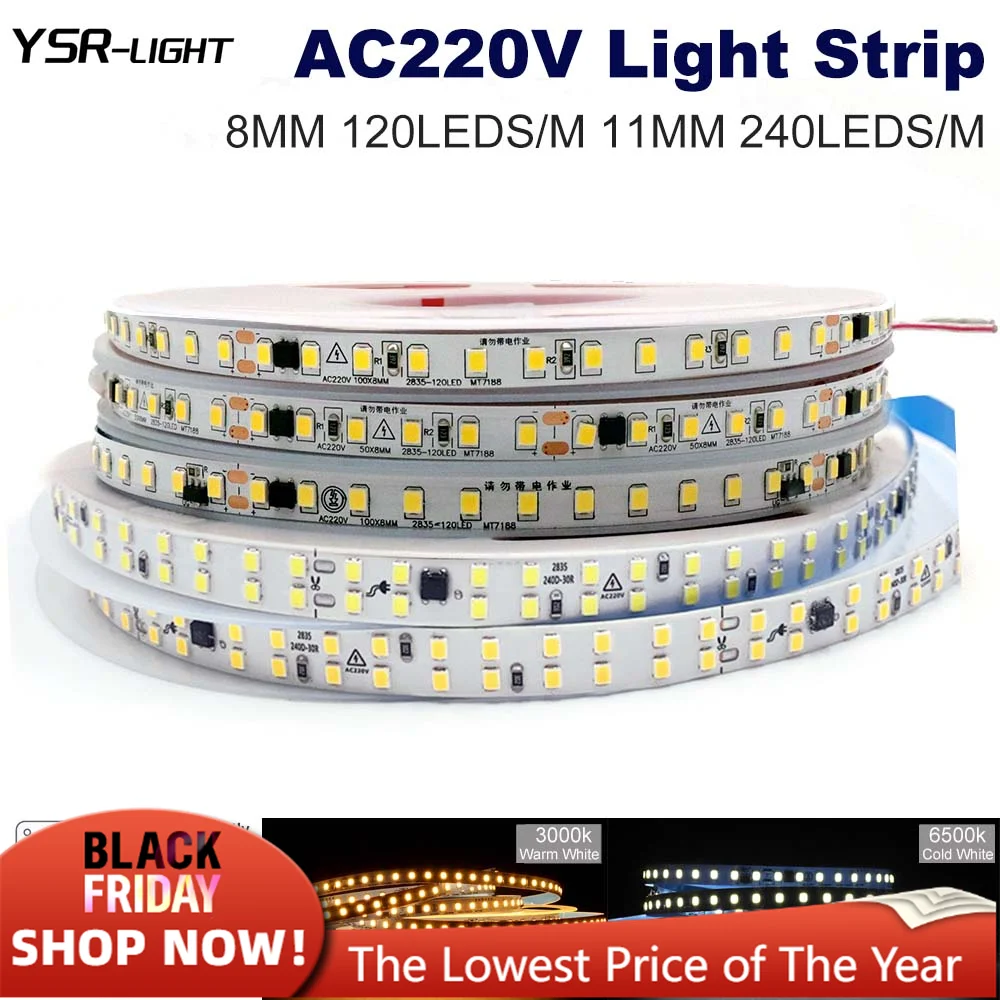 AC220V LED Strip 10M 20M 3000/6500K White SMD2835 8mm 11mm 120Led/m 240Led/m High Bright No Dark Flexible Counter Bar Room Decor