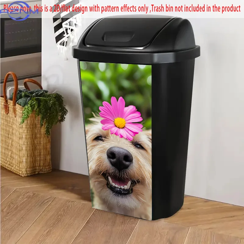 1pc Art Deco Style Self-Adhesive PVC Dustbin Sticker, .01xcm, Joyful Smiling Dog with Pink Daisy Design, Wall and Kitchen Deco