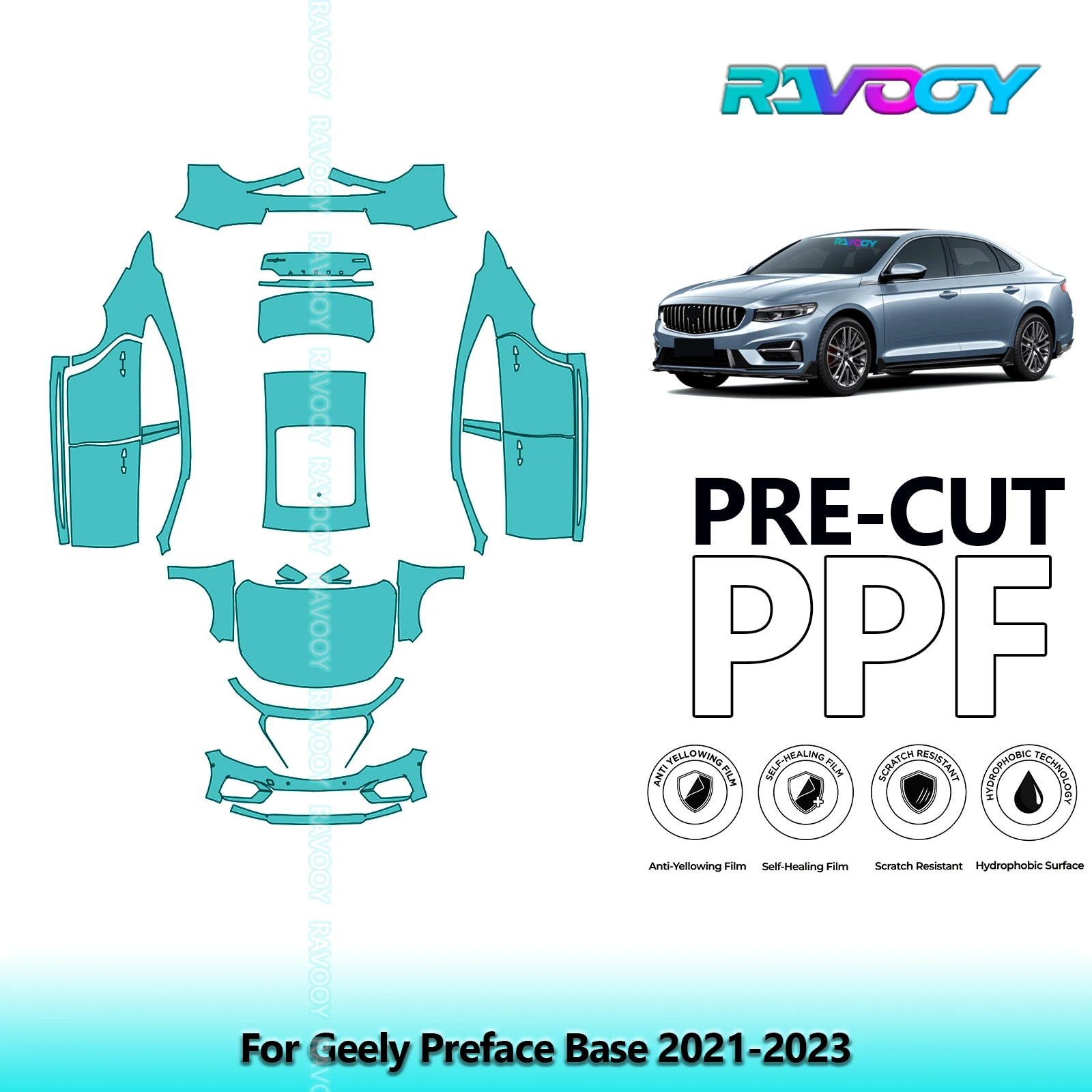 RAVOOY Custom-Fit Precut TPU PPF Full Vehicle Clear Bra Stone Guard EU UK For Geely Preface Base 2021-2023
