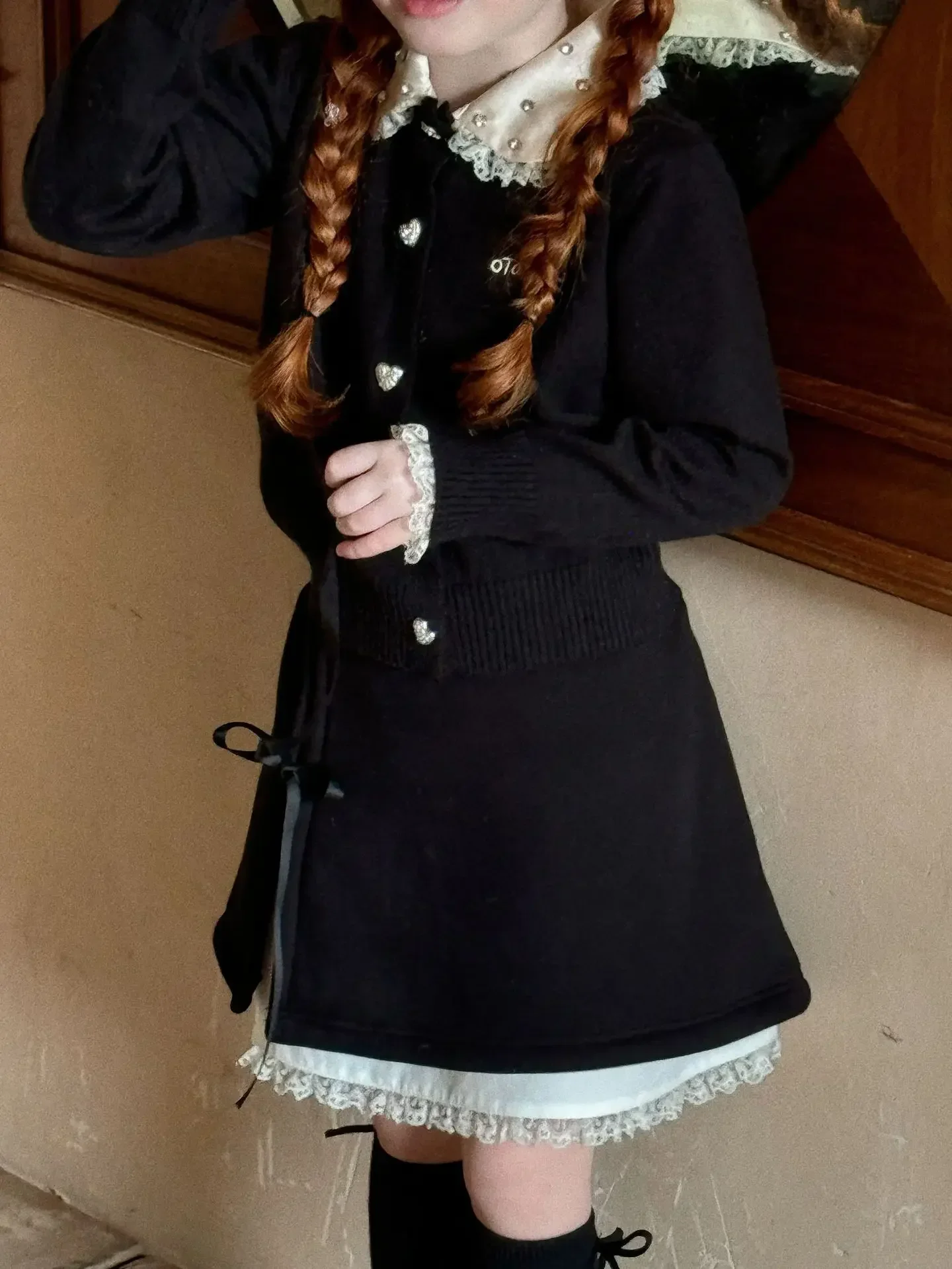 Girls Skirt 2024 spring and autumn New Girls Black Lace Half Skirt Children Lace Patchwork Skirt