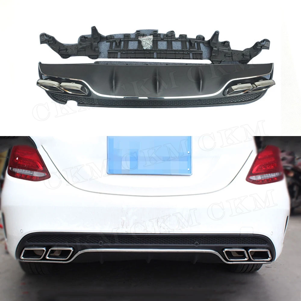 

PP For Benz C Class W205 C200 C220 Sedan 4 Door Change To C63 AMG Look 15-17 Rear Bumper Lip Diffuser With Exhaust Tips 4 Outlet