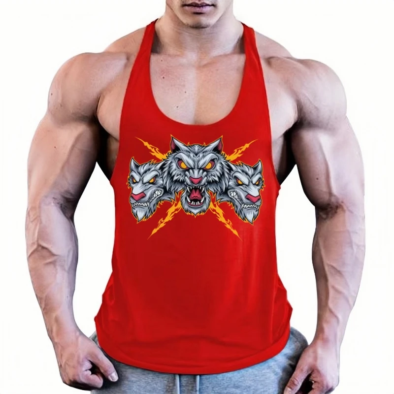 قميص بدون أكمام للرجال لعام 2025 - قميص داخلي للياقة البدنية بقصة ضيقة مع ثلاثة رؤوس وولف لايتنينج مطبوع من القطن لصالة الألعاب الرياضية وكمال الأجسام