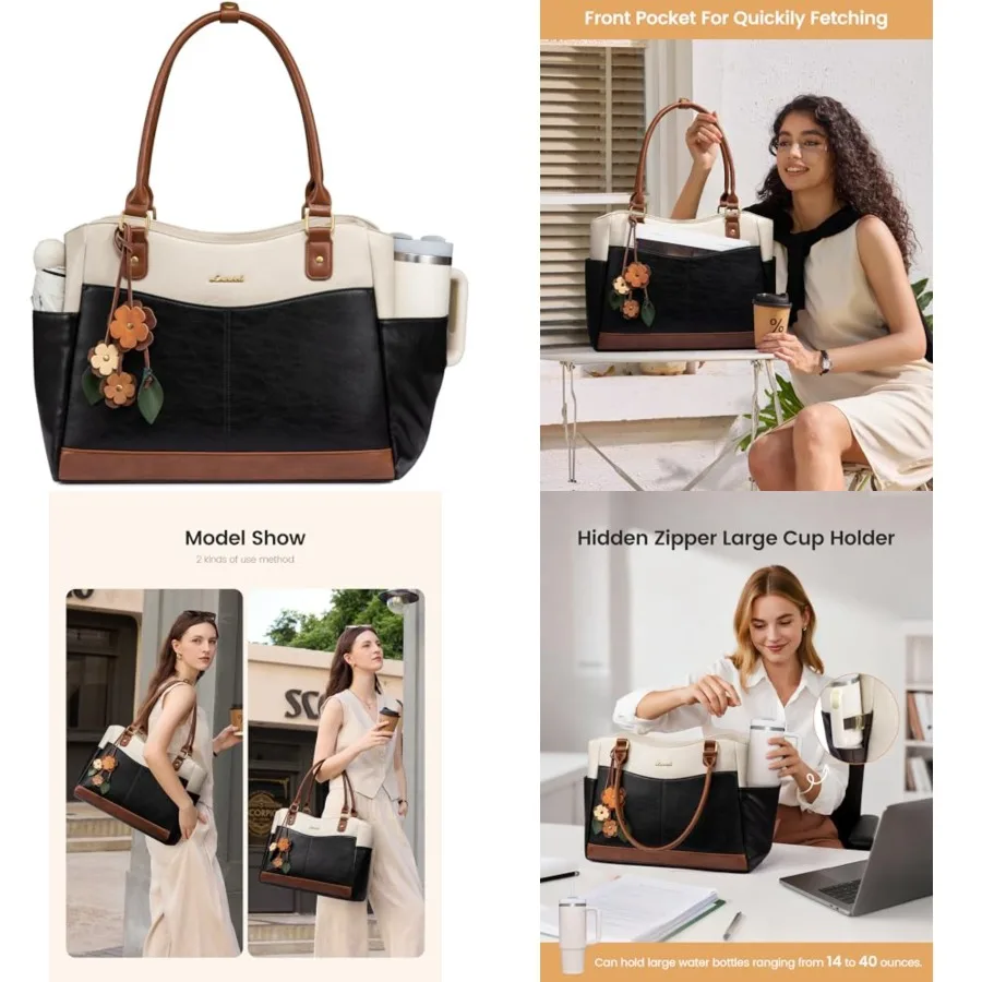 LOVEVOOK Laptop Bag for Women, Leather Vtage Work Tote Bag Computer Office Teacher Bag with Large Cup Holder